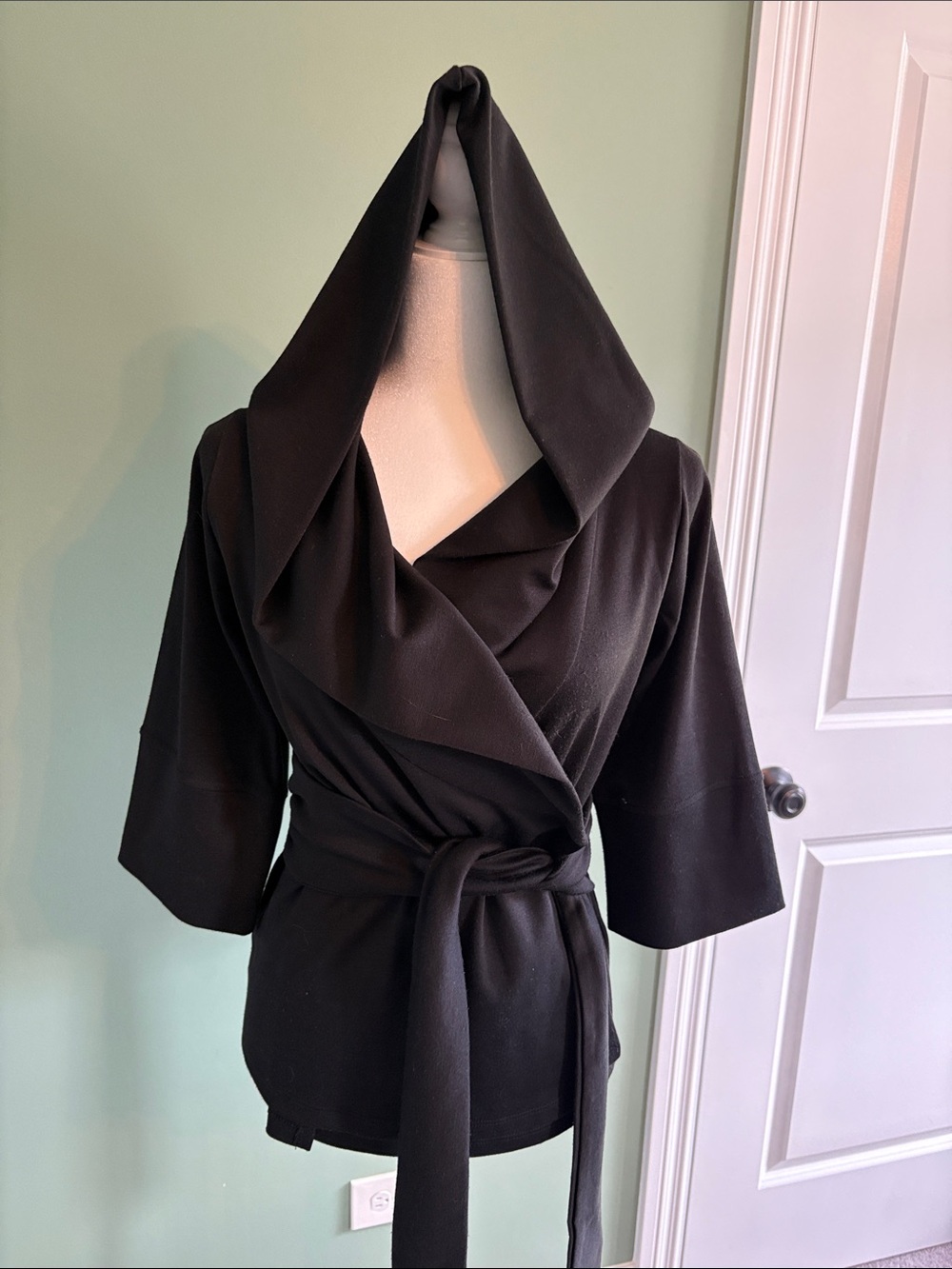 Hooded Black Wrap Trench Coat with Self-Tie Belt